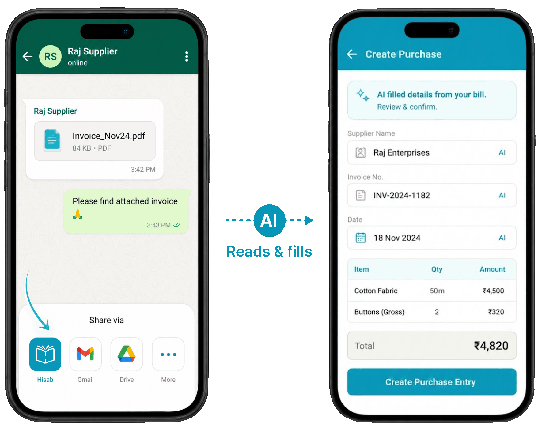 share a bill with hisab on whatsapp and ai reads and fills the purchase entry